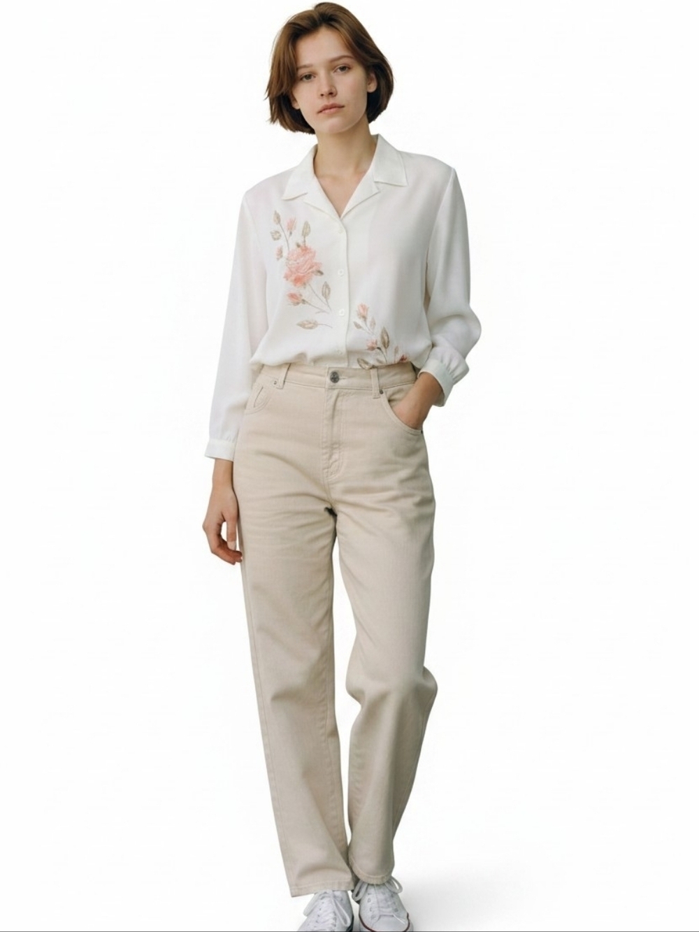 Vintage Button Up Blouse NEW Womens 14 Cream Ivory Embroidered Floral Romantic